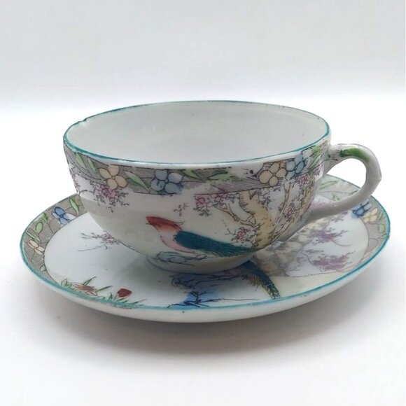 Vintage Japanese Porcelain Cup & Saucer Set MCM Handpainted Bird & Floral Design - Picture 2 of 12